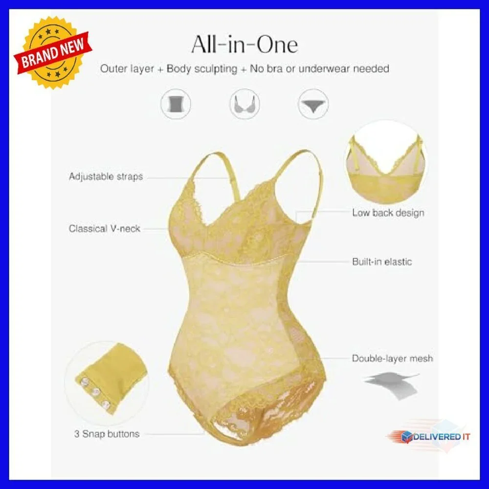 Sleeveless V-Neck Shapewear Bodysuit Tummy Control Backless Lace